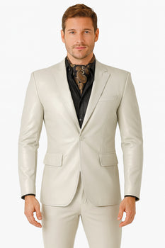 Mens Bone Slim Fit Faux Leather Suit – 1 Button Notch Lapel