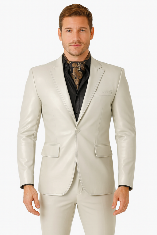 Mens Bone Slim Fit Faux Leather Suit – 1 Button Notch Lapel