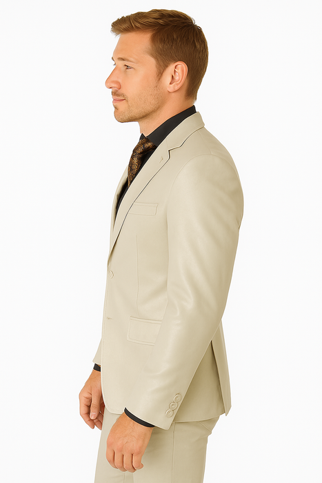 Mens Bone Slim Fit Faux Leather Suit – 1 Button Notch Lapel