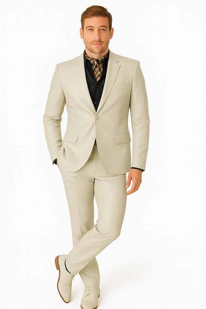 Mens Bone Slim Fit Faux Leather Suit – 1 Button Notch Lapel - Image 9