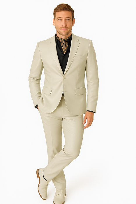 Mens Bone Slim Fit Faux Leather Suit – 1 Button Notch Lapel