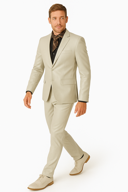Mens Bone Slim Fit Faux Leather Suit – 1 Button Notch Lapel - Image 12