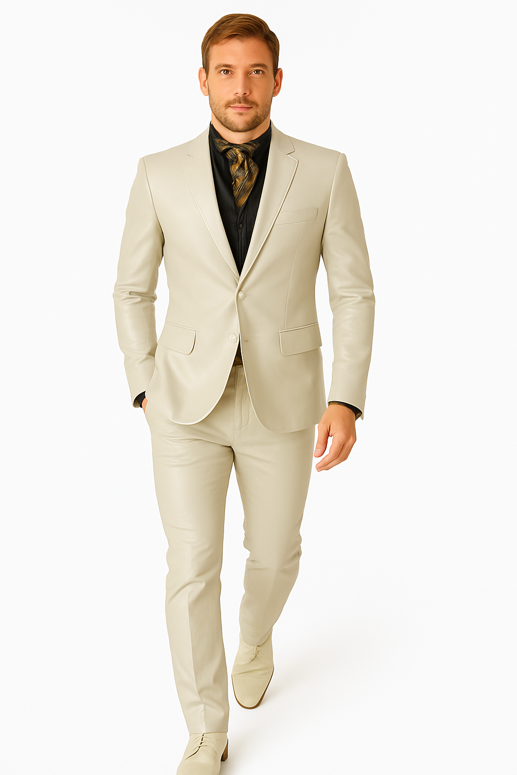 Mens Bone Slim Fit Faux Leather Suit – 1 Button Notch Lapel - Image 8