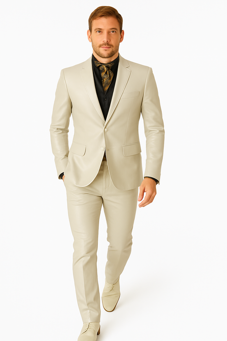 Mens Bone Slim Fit Faux Leather Suit – 1 Button Notch Lapel