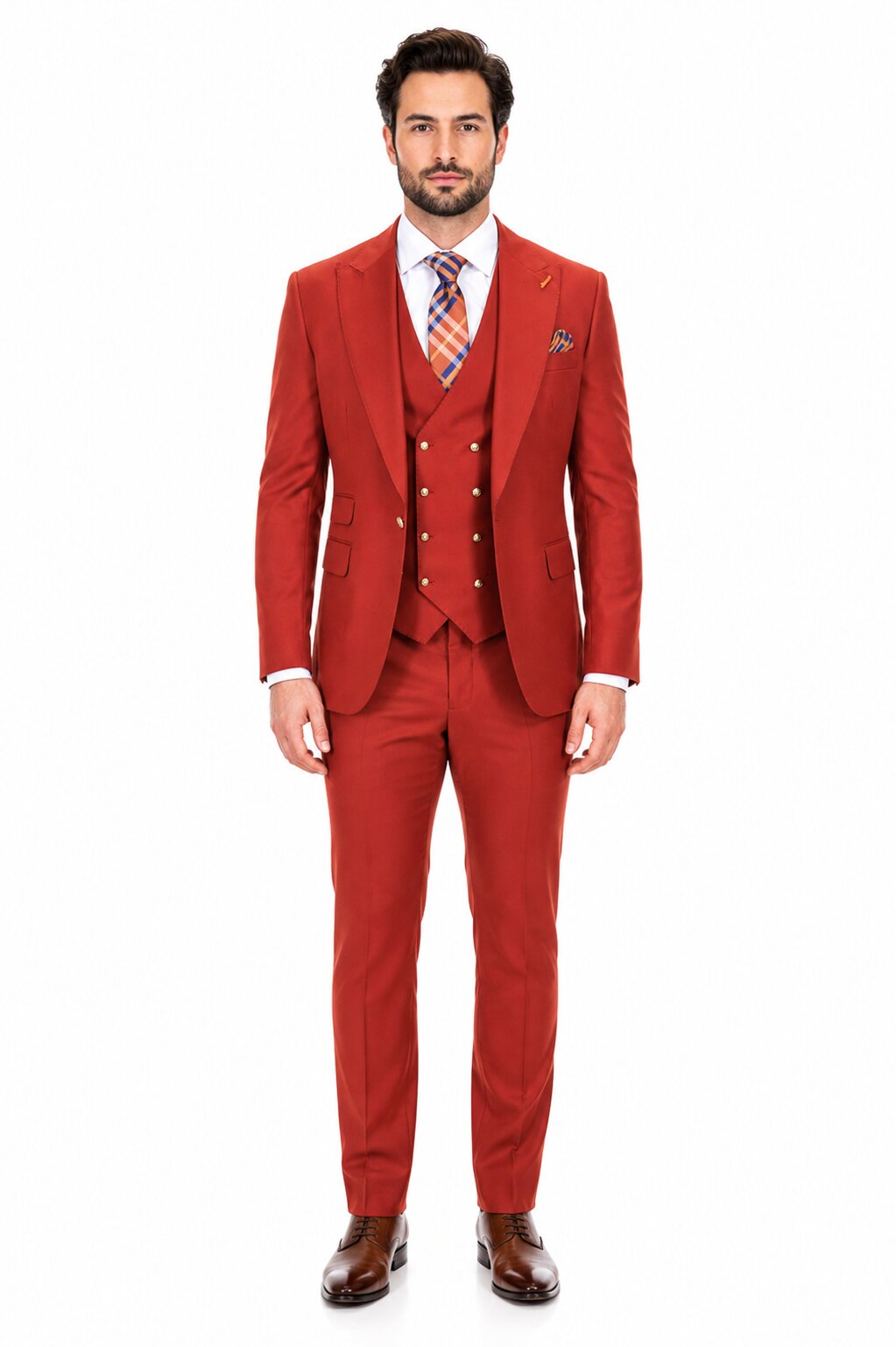 Men's Brick Statement Ticket Pocket Peak Lapel Wool Double Breasted Vest Suit with Gold Buttons – Modern Fit