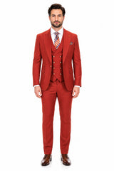 Men's Brick Statement Ticket Pocket Peak Lapel Wool Double Breasted Vest Suit with Gold Buttons – Modern Fit