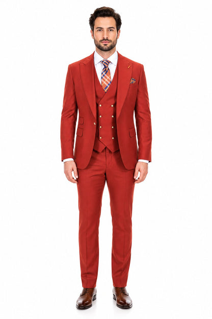 Men's Brick Statement Ticket Pocket Peak Lapel Wool Double Breasted Vest Suit with Gold Buttons – Modern Fit