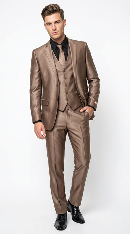 Men’s Bronze Brown Mocco 3 Piece Suit – Modern Formal Suit Set for Wedding, Prom and Business Events Light Brown Coffee Dark Tan Modern Fit