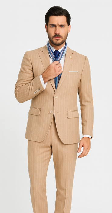 Mens "Bronze - Tan Pinstripe - Camel" Double Breasted Pinstripe Suit - Flat Front Pant