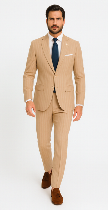 Mens "Bronze - Tan Pinstripe - Camel" Double Breasted Pinstripe Suit - Flat Front Pant