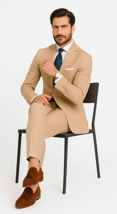 Mens "Bronze - Tan Pinstripe - Camel" Double Breasted Pinstripe Suit - Flat Front Pant