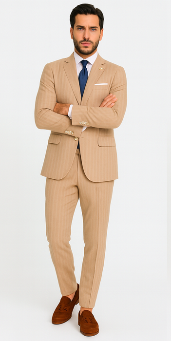 Mens "Bronze - Tan Pinstripe - Camel" Double Breasted Pinstripe Suit - Flat Front Pant