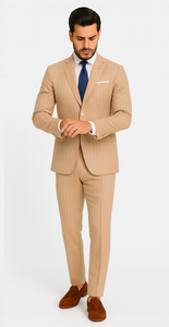 Mens "Bronze - Tan Pinstripe - Camel" Double Breasted Pinstripe Suit - Flat Front Pant