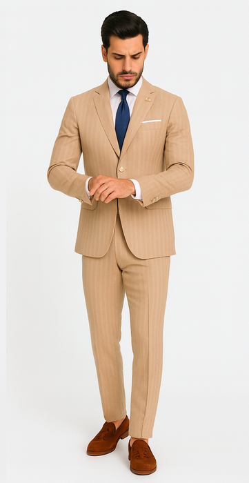 Mens "Bronze - Tan Pinstripe - Camel" Double Breasted Pinstripe Suit - Flat Front Pant