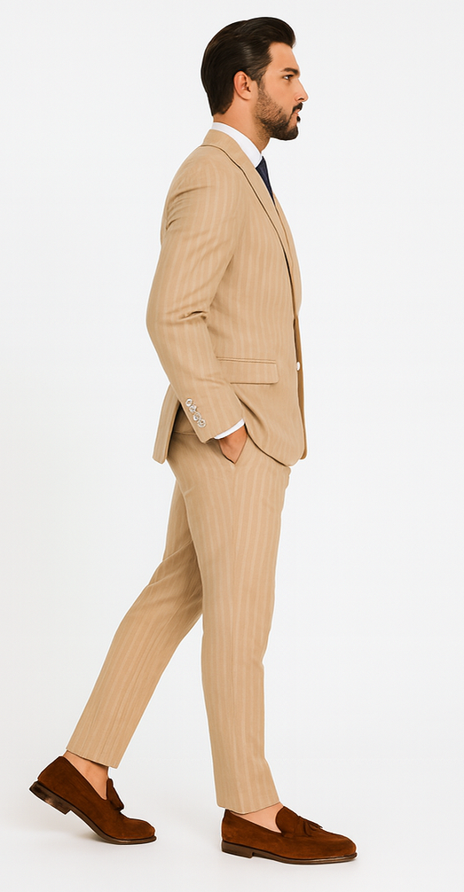 Mens "Bronze - Tan Pinstripe - Camel" Double Breasted Pinstripe Suit - Flat Front Pant - Image 7