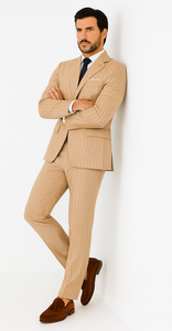 Mens "Bronze - Tan Pinstripe - Camel" Double Breasted Pinstripe Suit - Flat Front Pant