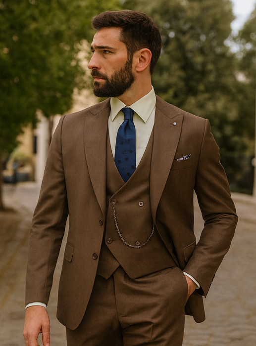 Men’s Classic Brown Three-Piece Suit – Business & Wedding Wear