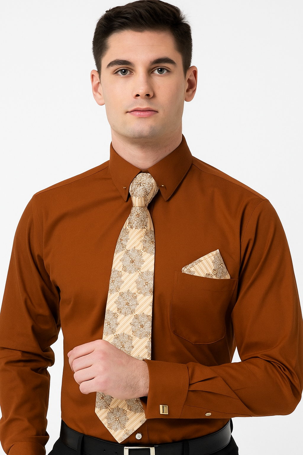Brown Pin Collar Dress Shirt With Collar Bar - Image 3