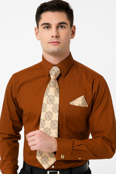 Brown Pin Collar Dress Shirt With Collar Bar - Image 3