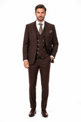 Men's Brown Statement Ticket Pocket Peak Lapel Wool Double Breasted Vest Suit with Silver Buttons – Modern Fit