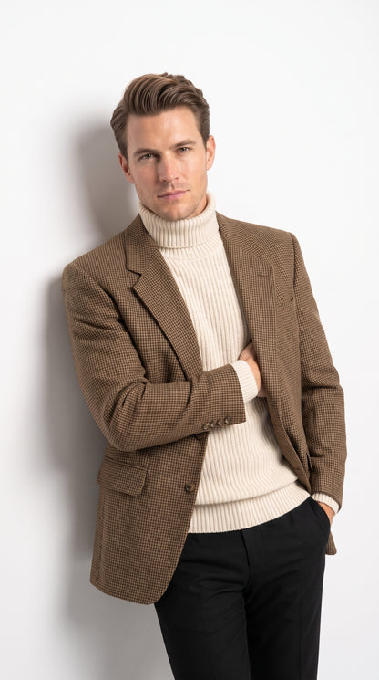 Mens Brown Houndstooth Blazer – Classic British Style 2 Button Checkered Texture Sport Coat for Fall, Winter Khaki Tan