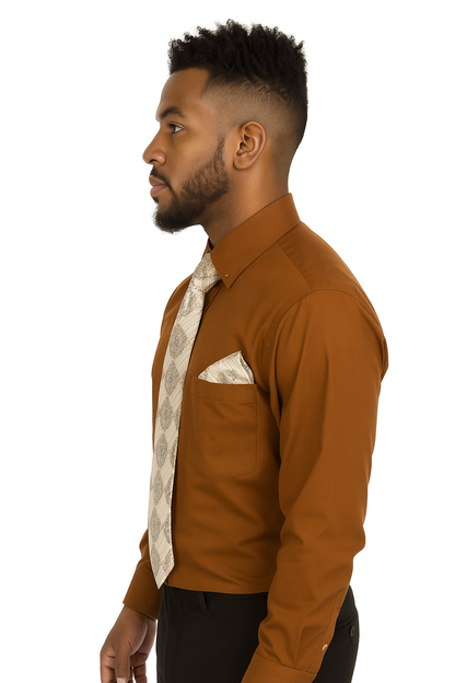 Brown Pin Collar Dress Shirt With Collar Bar - Image 7