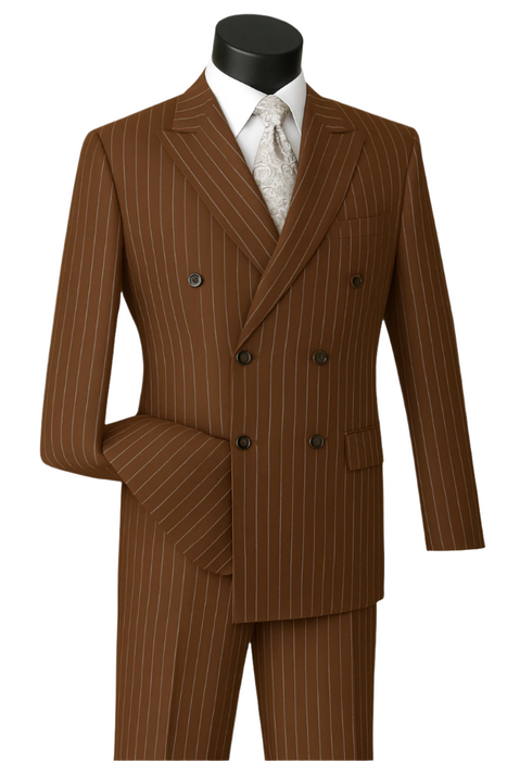 Men's brown double breasted gangster pinstripe suit with retro 1920s mobster look
