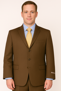 Brown Pinstripe Feel Poly-Rayon Three ~ 3 Buttons Style Suit Pleated Pants