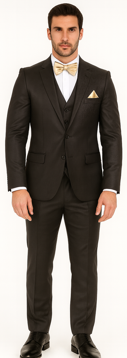 Vitali Brand Suits - Men's  Brown Slim Fit Sharkskin Shiny Vested 3 Piece Suit