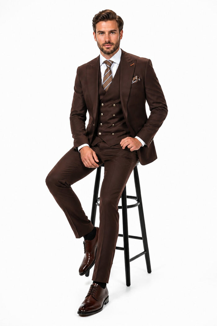 Men's Brown Statement Ticket Pocket Peak Lapel Wool Double Breasted Vest Suit with Silver Buttons – Modern Fit