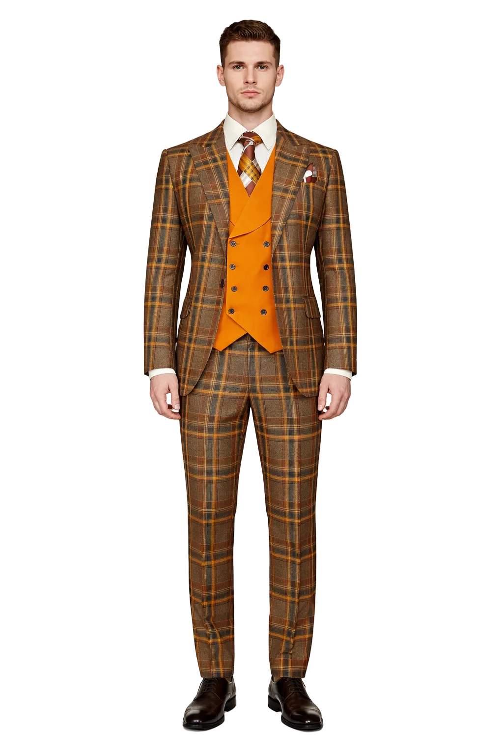 Mens Two Button Peak Lapel Suit Brown ~ Yellow