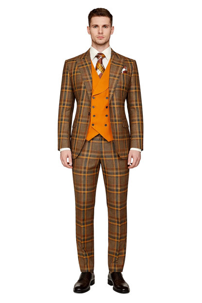 Mens Two Button Peak Lapel Suit Brown ~ Yellow