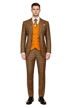 Mens Two Button Peak Lapel Suit Brown ~ Yellow
