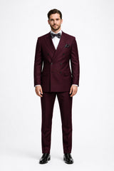 Men's Designer Double Breasted Wool Suit in Burgundy Modern Fit