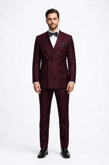 Men's Designer Double Breasted Wool Suit in Burgundy