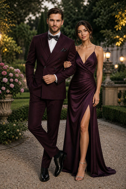 Men's Designer Double Breasted Wool Suit in Burgundy Modern Fit