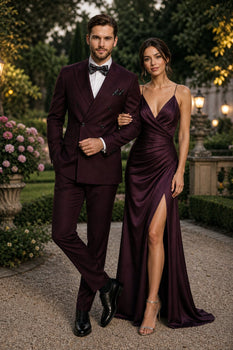 Men's Designer Double Breasted Wool Suit in Burgundy