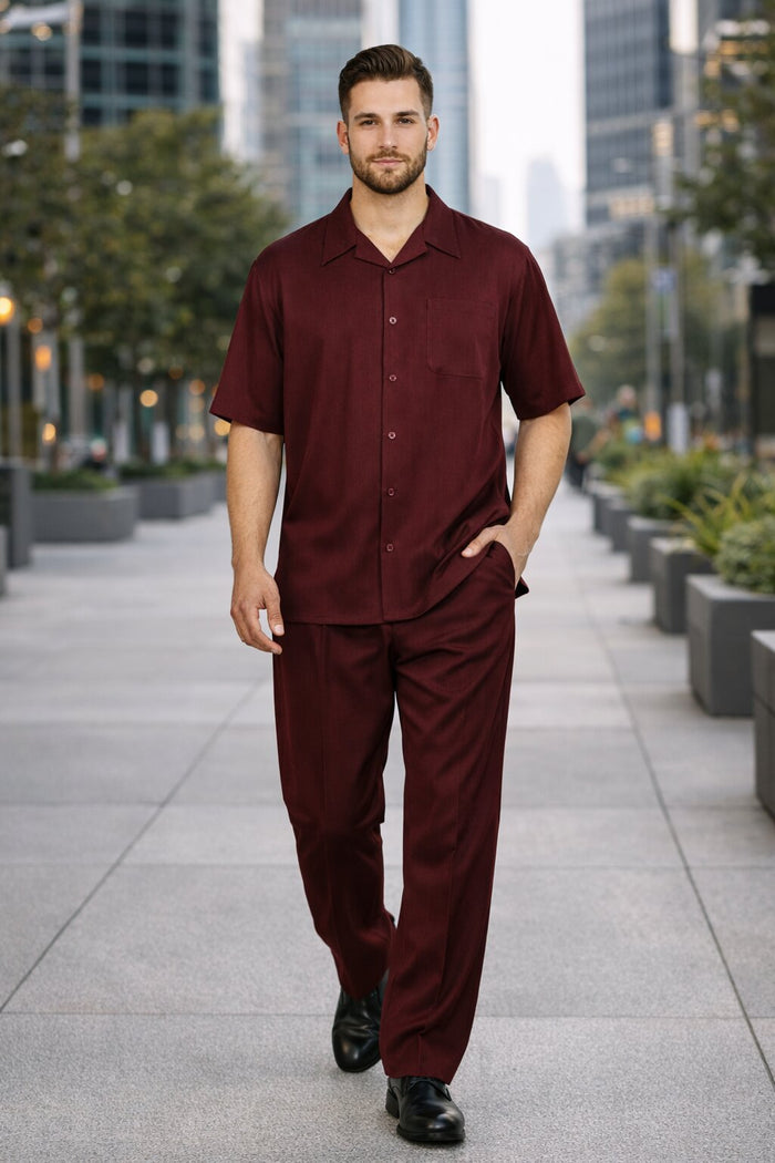 New Mens 2pc Walking Suit Short Sleeve Casual Shirt and Pants Set - Burgundy