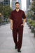 New Mens 2pc Walking Suit Short Sleeve Casual Shirt and Pants Set - Burgundy