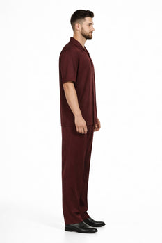 New Mens 2pc Walking Suit Short Sleeve Casual Shirt and Pants Set - Burgundy