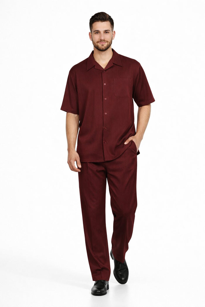New Mens 2pc Walking Suit Short Sleeve Casual Shirt and Pants Set - Burgundy