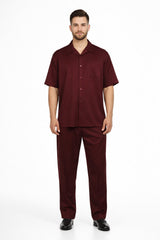 New Mens 2pc Walking Suit Short Sleeve Casual Shirt and Pants Set - Burgundy