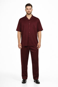 New Mens 2pc Walking Suit Short Sleeve Casual Shirt and Pants Set - Burgundy