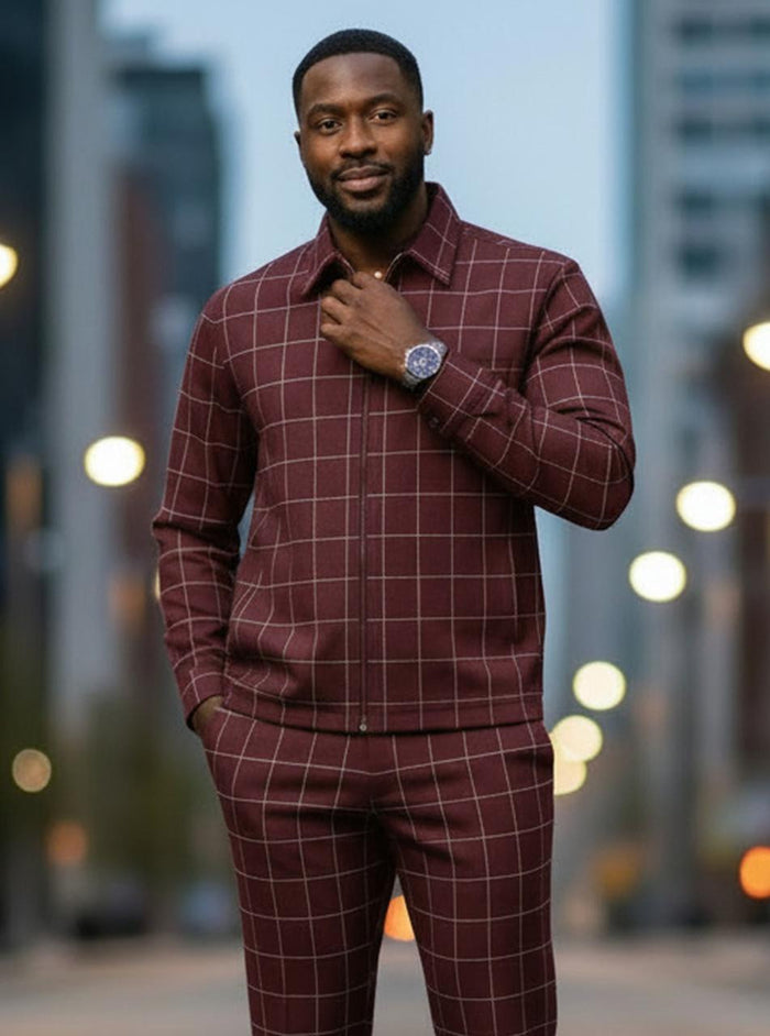 Mens Burgundy Windowpane Leisure Suit BP6789  Modern Fit