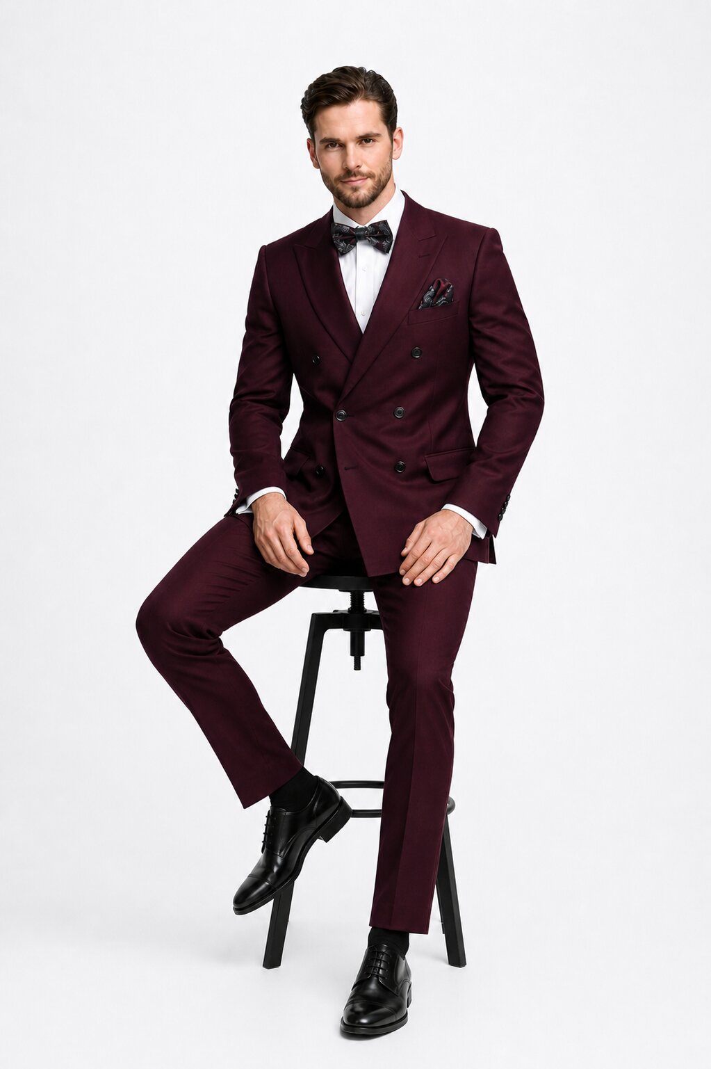 Men's Designer Double Breasted Wool Suit in Burgundy Modern Fit