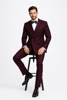 Men's Designer Double Breasted Wool Suit in Burgundy