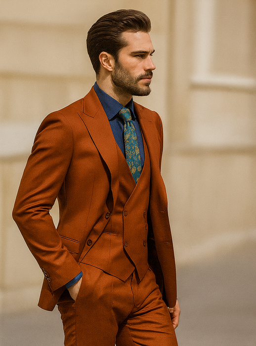 Designer Orange 3-Piece Suit – Elegant Men’s Formal Attire