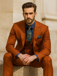 Designer Orange 3-Piece Suit – Elegant Men’s Formal Attire