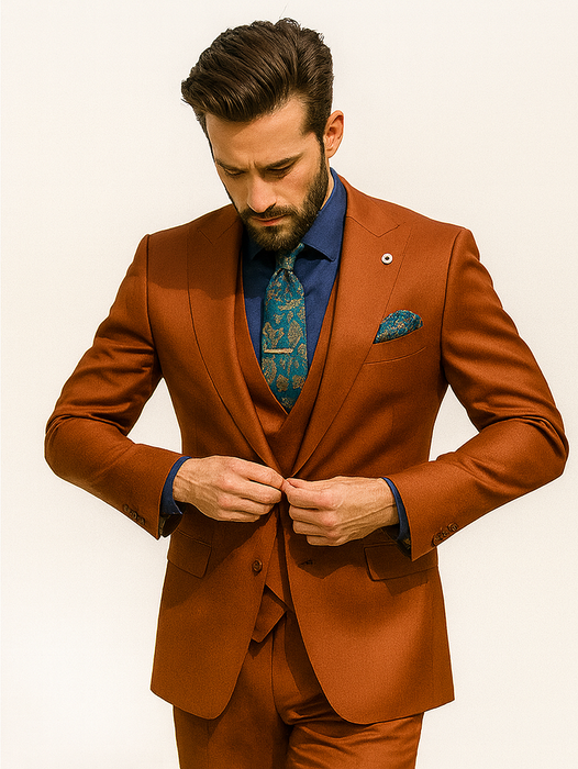 Designer Orange 3-Piece Suit – Elegant Men’s Formal Attire