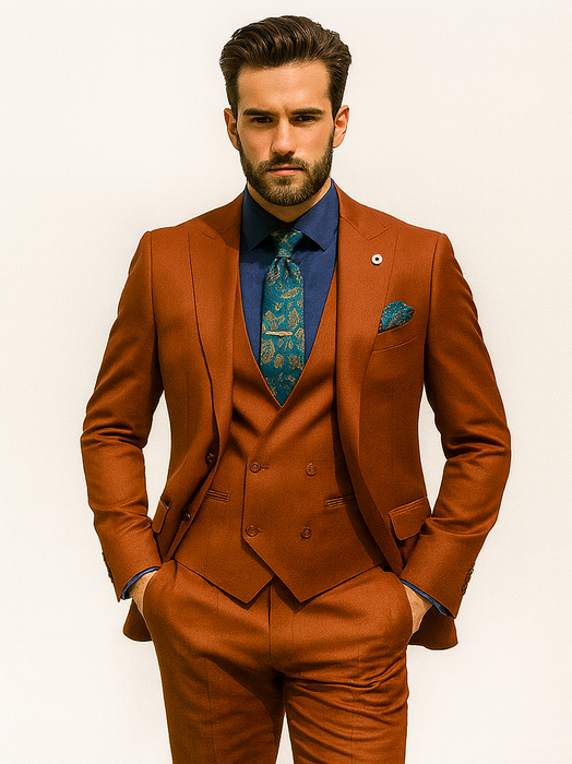 Designer Orange 3-Piece Suit – Elegant Men’s Formal Attire